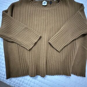 CAbi woman’s Ribbed Crewneck Sweater in nutmeg color. Pairs well with all colors